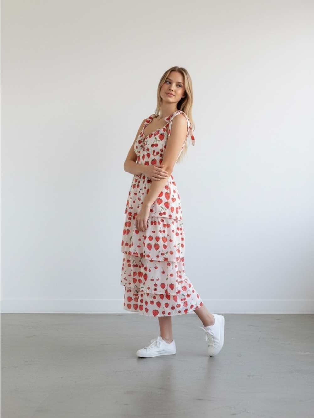 White and Red Strawberry Tiered Midi Dress - Picture 2 of 7